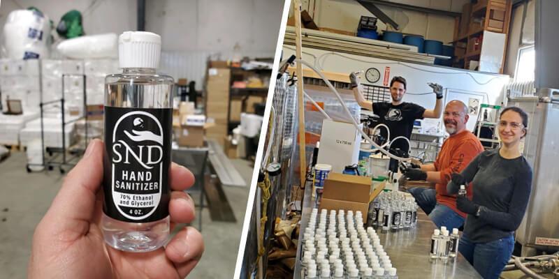Bottle of SND hand sanitizer and three staff members bottling the solution.
