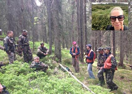 Prof. Bill Keeton (orange vest, left), assisted by UVM Fulbright Scholar Dmytro Karabchuk (orange vest, center) and RSENR graduate student Sarah Ford (inset) train Ukrainian forest rangers in forest mensuration and carbon estimation techniques in the lost