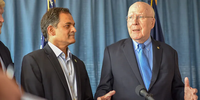 President Garimella joins Sen. Leahy at a press conference announcing Vermont's new Rural Centers of Excellence on Substance Use Disorders