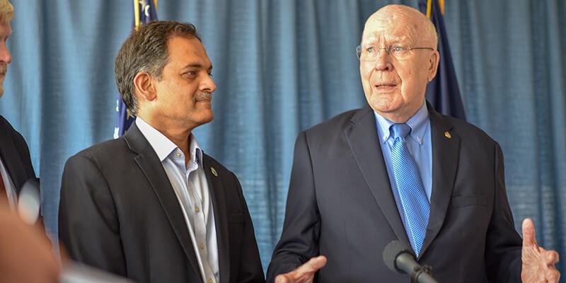 President Garimella joins Sen. Leahy at a press conference announcing Vermont's new Rural Centers of Excellence on Substance Use Disorders