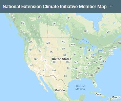 Image description: A green and beige map of North America illustrating the National Extension Climate Initiative Membership