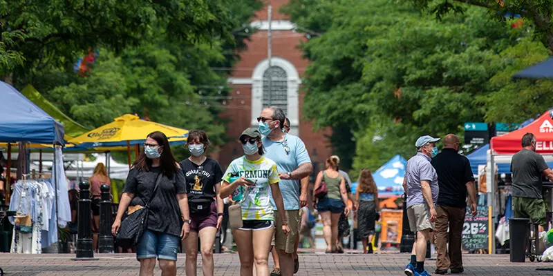 Mask wearers on Church Street in Burlington. 