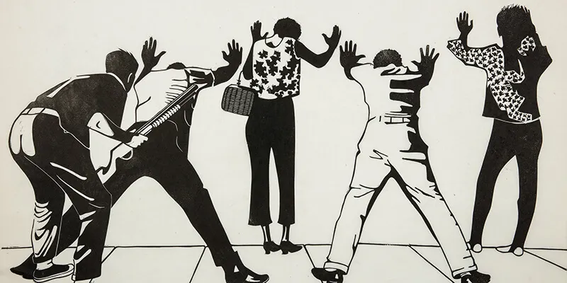 A linocut print by Sabra Fields, "Plainclothesman and Residents: Watts," captures a moment from race riots in 1964 Los Angeles.
