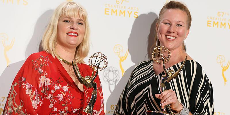 Marie Schley '94 (left) and colleague Nancy Jarzynko, winners of the 2015 Emmy for Outstanding Costumes For A Contemporary Series. 