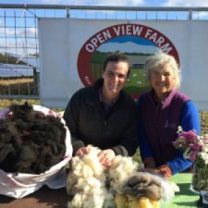 image description: two women with a table with raw wool, outside under blue skies