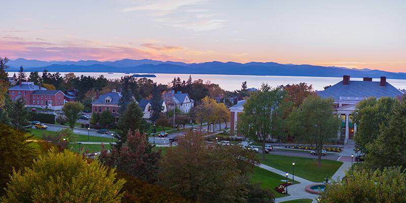 UVM campus and Lake Champlain at sunset