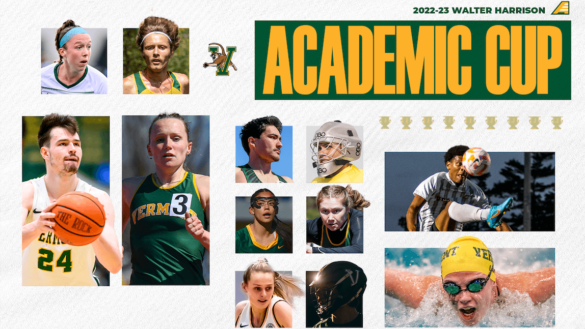 Photo montage of UVM student athletes engaged in various sports