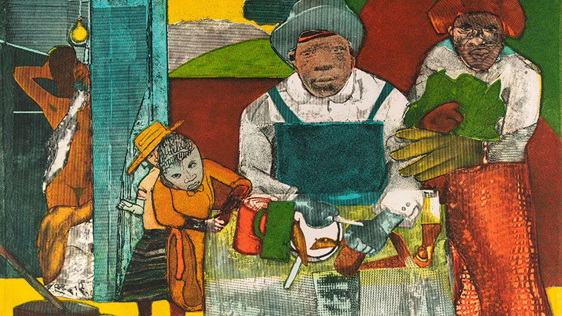"The Family," color etching and aquatint on paper, by Romare Bearden.