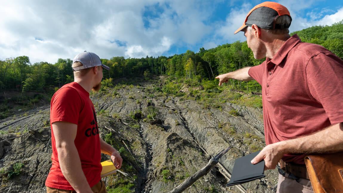 Grant Long '22 and Professor Keith Klepeis at Waterbury landslide