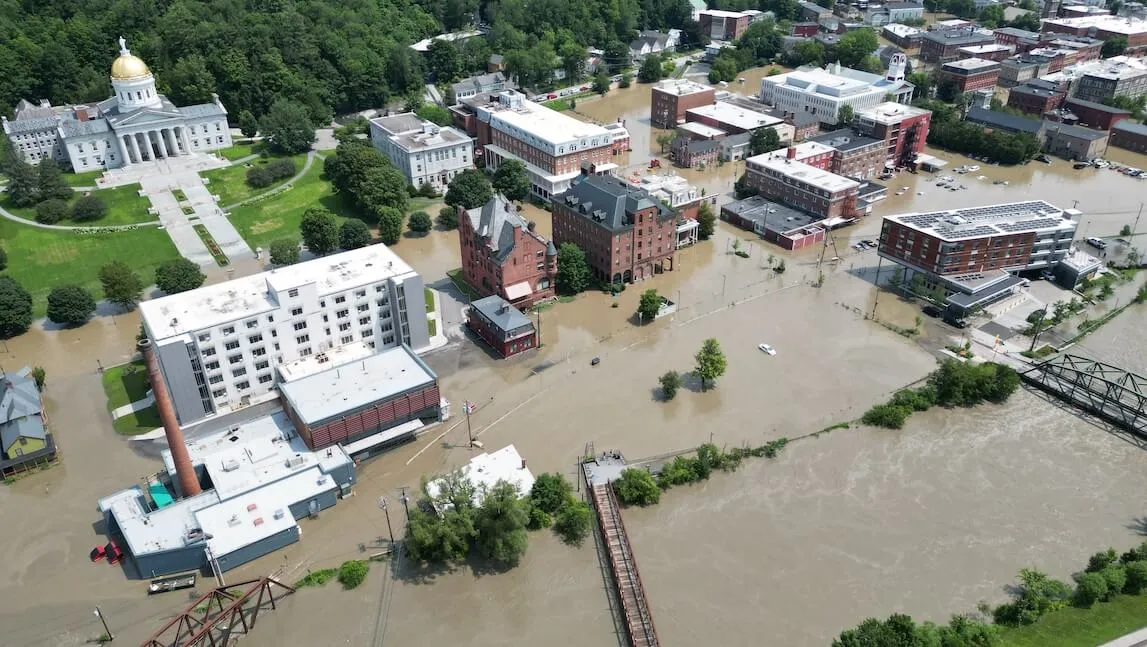 Aerial view of flooded Montpelier, Vt.