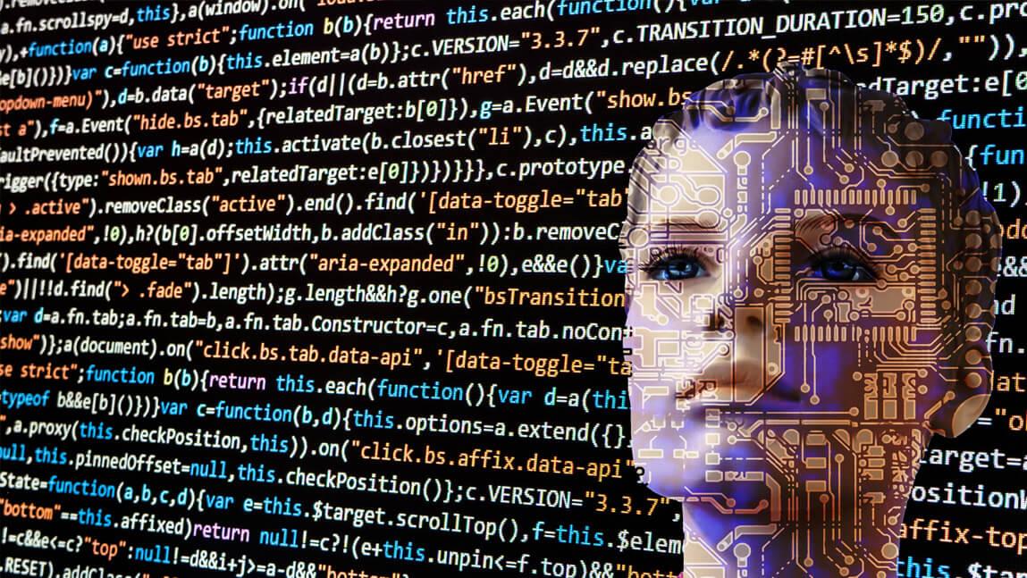 Code on computer screen with A.I. face superimposed