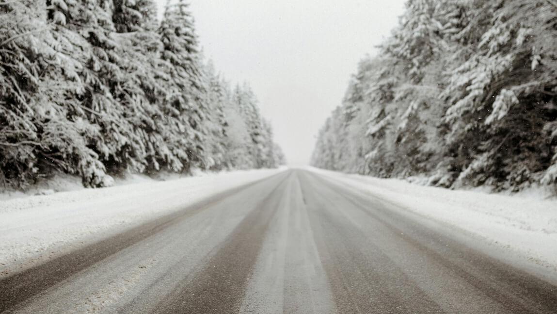 a snowy road running between swaths of snow-covered pine trees