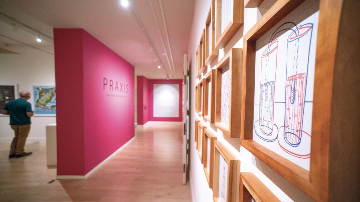 pink wall with praxis surrounded by artwork