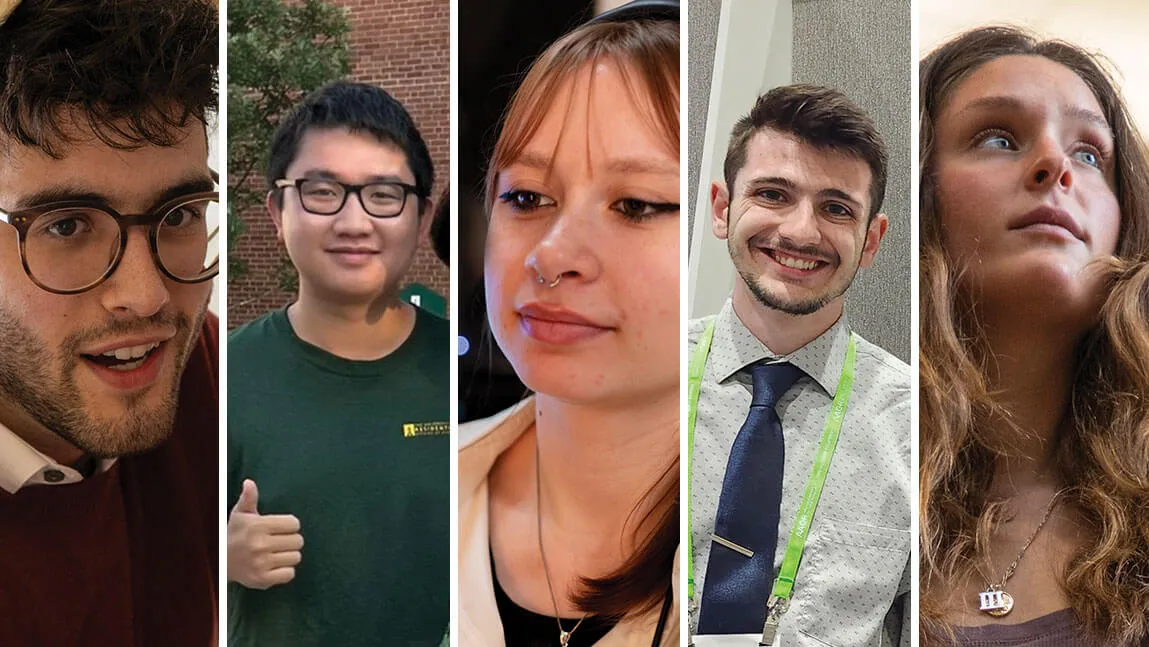 a composite photo featuring five portraits of students looking at the camera