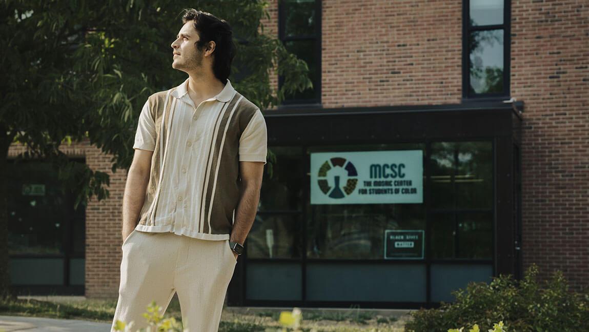 Perin Patel stands outside the Mosaic Center for Students of Color
