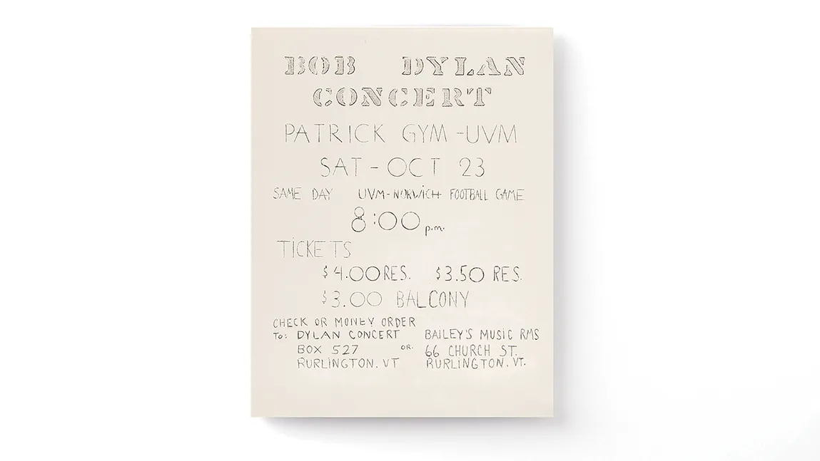 a handbill advertising a Bob Dylan 1965 concert at UVM