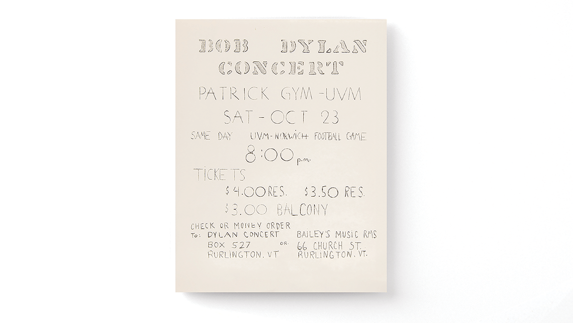 a handbill advertising a Bob Dylan 1965 concert at UVM