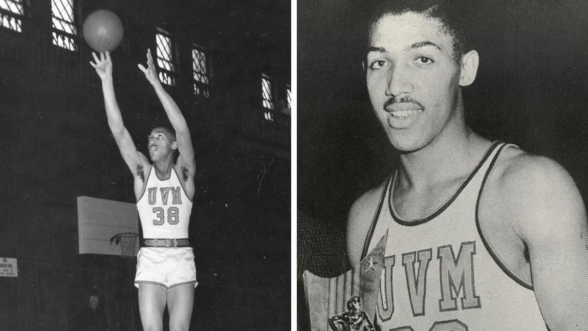 Clyde Lord collage; left photo he is playing basketball, right photo he is holding a trophy