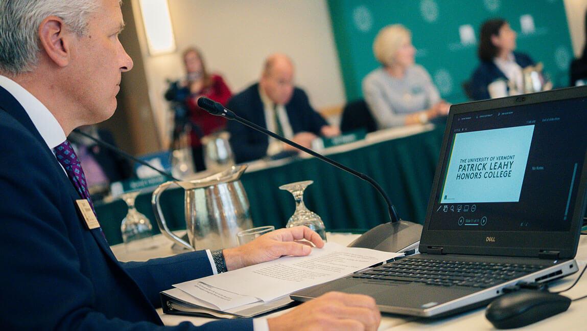 David Jenemann presenting to the UVM Board or Trustees