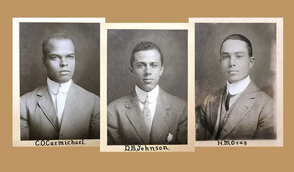 Three black-and-white yearbook photos from the year 1914 lay side-by-side