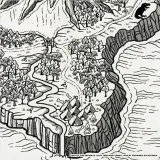 Black and white illustrated map fragment depicting an island covered in jungle, inhabited by dinosaurs, with habitats near the cliffs with bonfires. A river runs through to the sea, from a volcano at the center of the island.