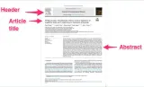 Thumbnail of the front page of a journal article, with arrows indicating the header, the article title, and the abstract locations