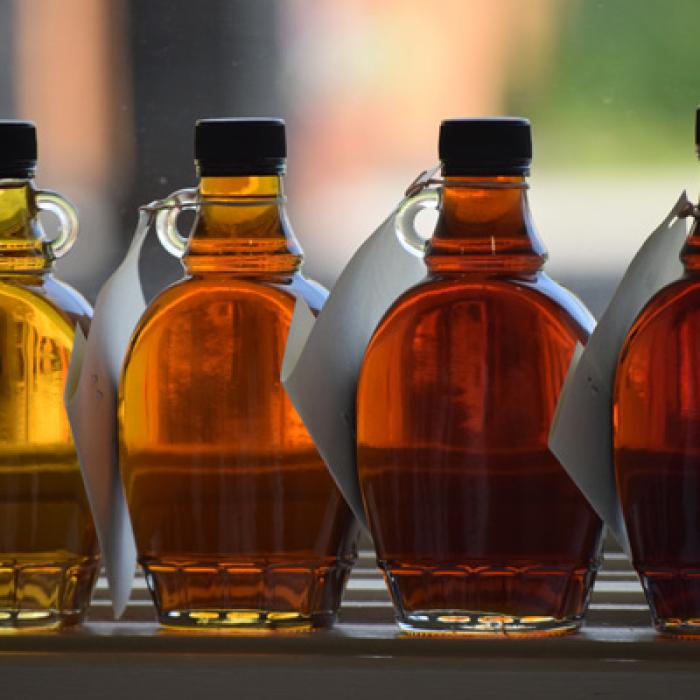 Four glass bottles of maple syrup