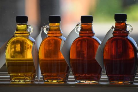 Four glass bottles of maple syrup