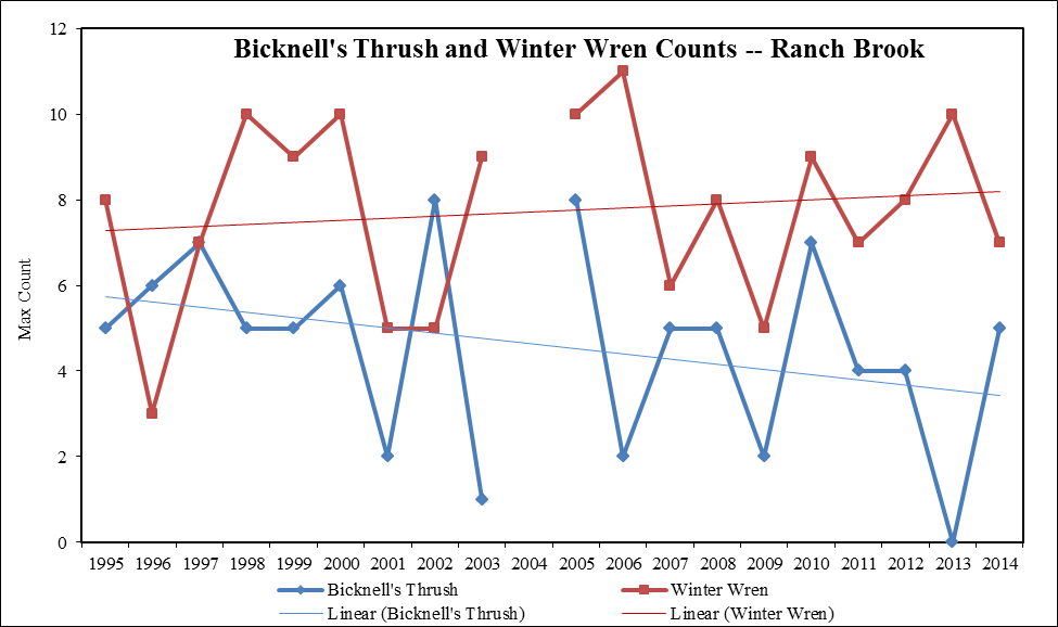 Nineteen year data and trends for Bicknell's Thrush and Winter Wren from annual surveys conducted at the Mt. Mansfield Ranch Brook site.