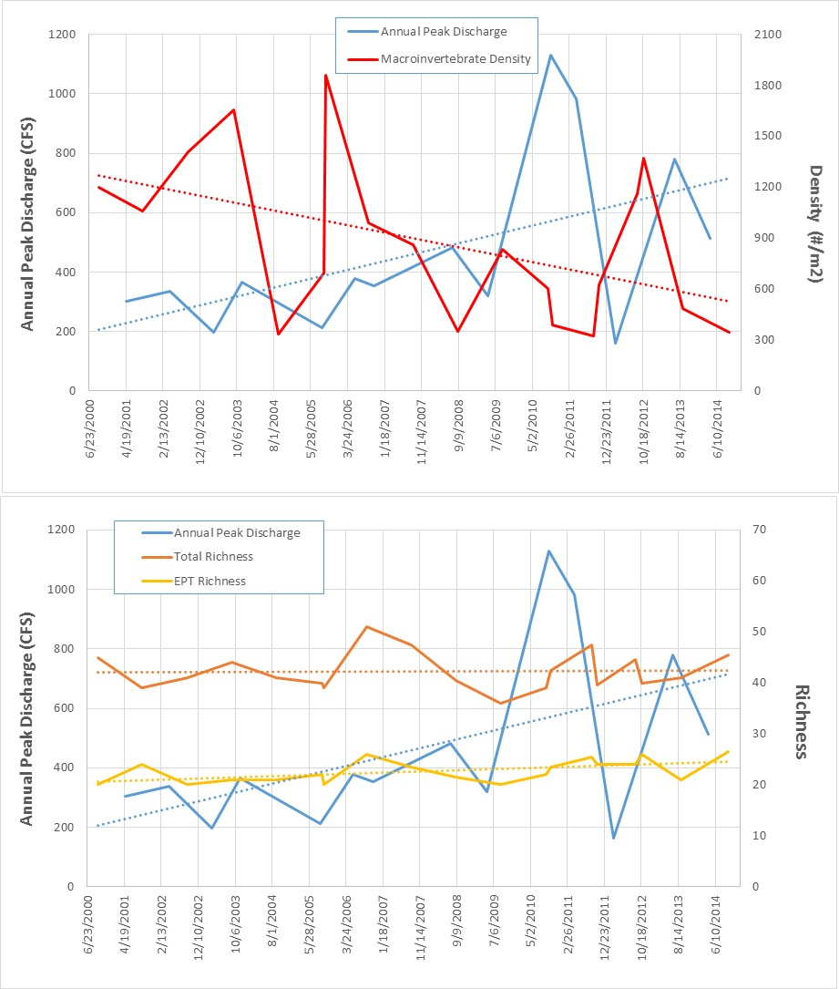 Comparison of annual peak flows at Ranch Brook in Stowe, VT with stream macroinvertebrate density (upper graph) and total species richness and EPT richness (lower graph).
