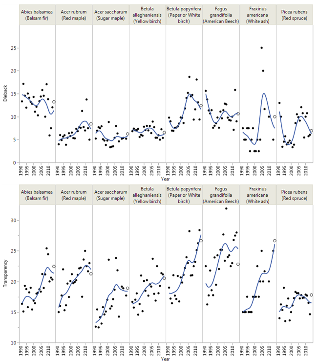 A simple spline fit to the plot mean dieback (top) and transparency (bottom) for each species in each year. Note the high year to year variability, and peak in dieback symptoms between 2007 and 2009 for most species. In contrast, transparency continues on an upward trend for white ash, yellow and paper birch.