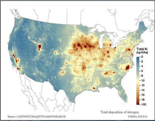 2013 spatial distribution of total nitrogen deposition across the continental US.  All three monitoring networks that collaborated to produce this map are represented at the VMC air quality site in Underhill.