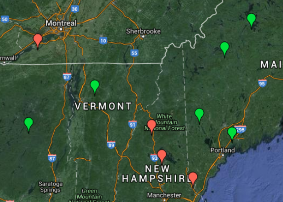 Of the 9 US Hg monitoring sites across the region from the Adirondacks to central Maine, only six remain in operation today (closed sites in red). Inset: Regional deposition totals for 2014 (NADP 2014, except those with asterisks which were calculated by VMC).