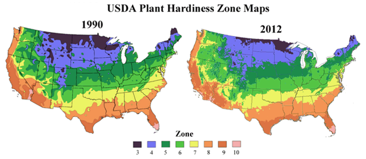 In 2012 the USDA released a new map of plant-hardiness zones to reflect more accurately the growing conditions on the ground. The USDA release was accompanied with a caveat that not all the changes in the map were due to climate change; new methods accounted for some of the difference.