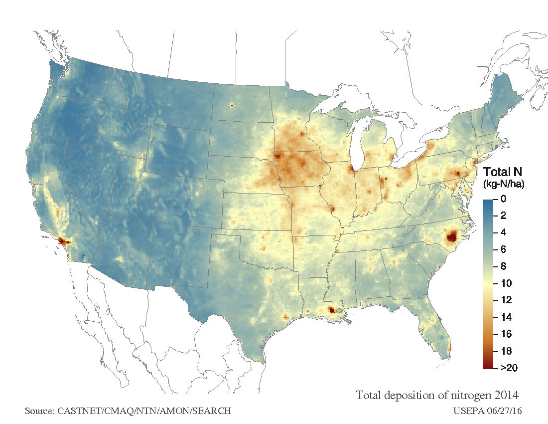 2014 spatial distribution of total nitrogen deposition across the continental US.  All three monitoring networks that collaborated to produce this map are represented at the VMC air quality site in Underhill.