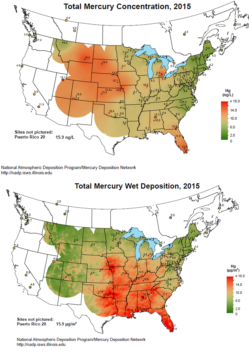 Estimated concentration and deposition of mercury in precipitation across the United States. Concentration varies with the amount of precipitation, and is used to determine pollution sources and other atmospheric possesses. Total deposition is the amount of chemical deposited from the atmosphere on the landscape, and is used to assess the consequences of specific pollutants on the ecosystem.