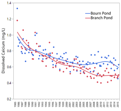 Long-term trends in dissolved calcium (mg/L) in Bourn and Branch Ponds provide indicators of the health of high elevation lakes.