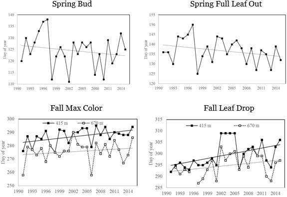 Long-term trends in the timing (mean day of year) of spring and fall phenological events for sugar maple from 1991 to 2015. Spring bud burst (top left) and full leaf out (top right) are assessed yearly at lower elevation (415m), with linear trend line shown. Fall maximum coloration (bottom left) and leaf drop (bottom right) yearly data are shown for sugar maple at two elevations (415m and 670 m) as well as a linear trend line in both.