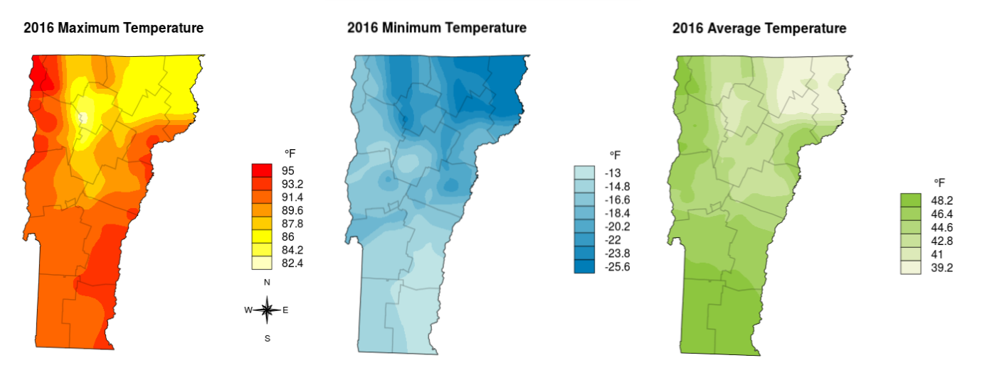 Annual maximum, minimum, and average temperature across the state based on data from 33 weather stations.
