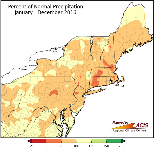 Across the 12 state region, the northeast saw below-average precipitation in 2016. Figure credit: NOAA, Northeast Regional Climate Center at Cornell University (http://www.nrcc.cornell.edu/regional/monthly/monthly.html)