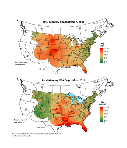 Estimated concentration and deposition of mercury in precipitation across the United States. Concentration varies with the amount of precipitation, and is used to determine pollution sources and other atmospheric possesses. Total deposition is the amount of chemical deposited from the atmosphere on the landscape, and is used to assess the consequences of specific pollutants on the ecosystem.