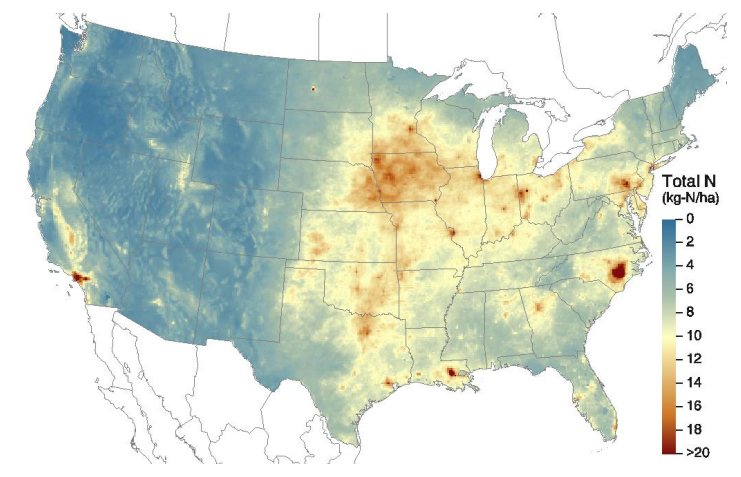 Spatial distribution of total nitrogen deposition (kg/ha) across the continental US in 2015. Source: US EPA.