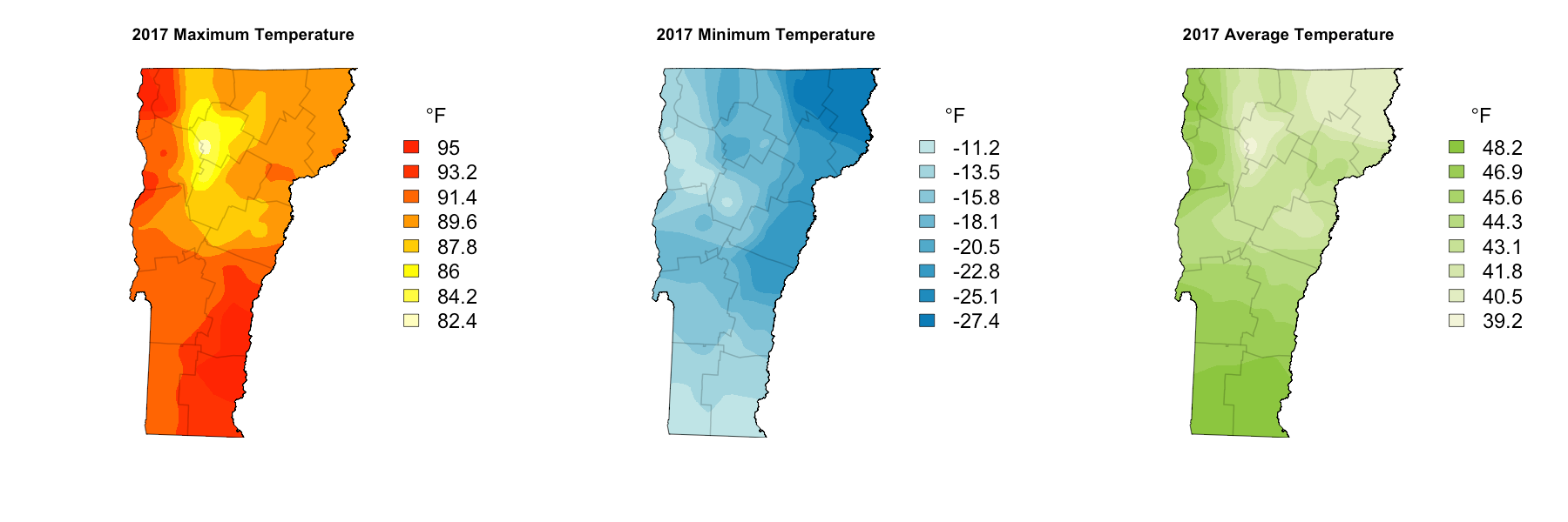 Annual maximum, minimum, and average temperature across the state based on data from 33 weather stations.