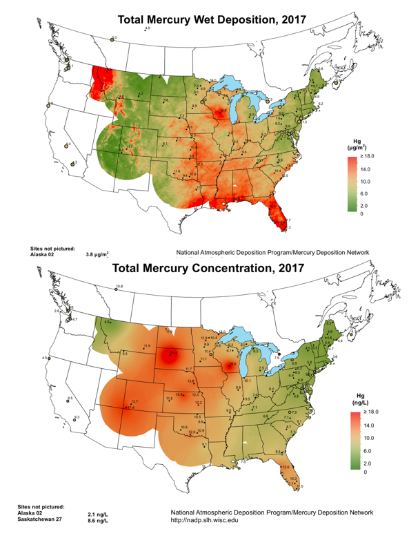 Estimated concentration and deposition of mercury in precipitation across the United States in 2017. Total mercury deposition is the amount deposited from the atmosphere on the landscape, and is used to assess the consequences on the ecosystem. Mercury concentration varies with the amount of precipitation, and is used to determine pollution sources and other atmospheric possesses.