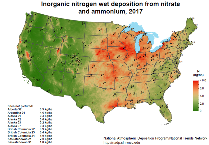 Spatial distribution of total nitrogen deposition (kg/ha) across the continental US in 2017. Source: NADP.