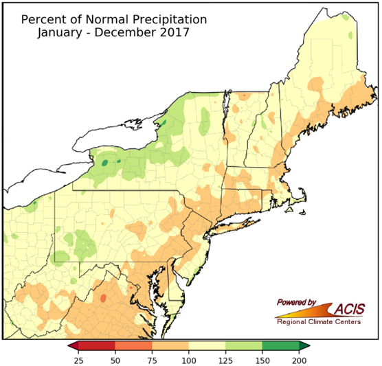 Across the 12 state region, the northeast saw below-average precipitation in 2017. Figure credit: NOAA, Northeast Regional Climate Center at Cornell University (http://www.nrcc.cornell.edu/regional/monthly/monthly.html)