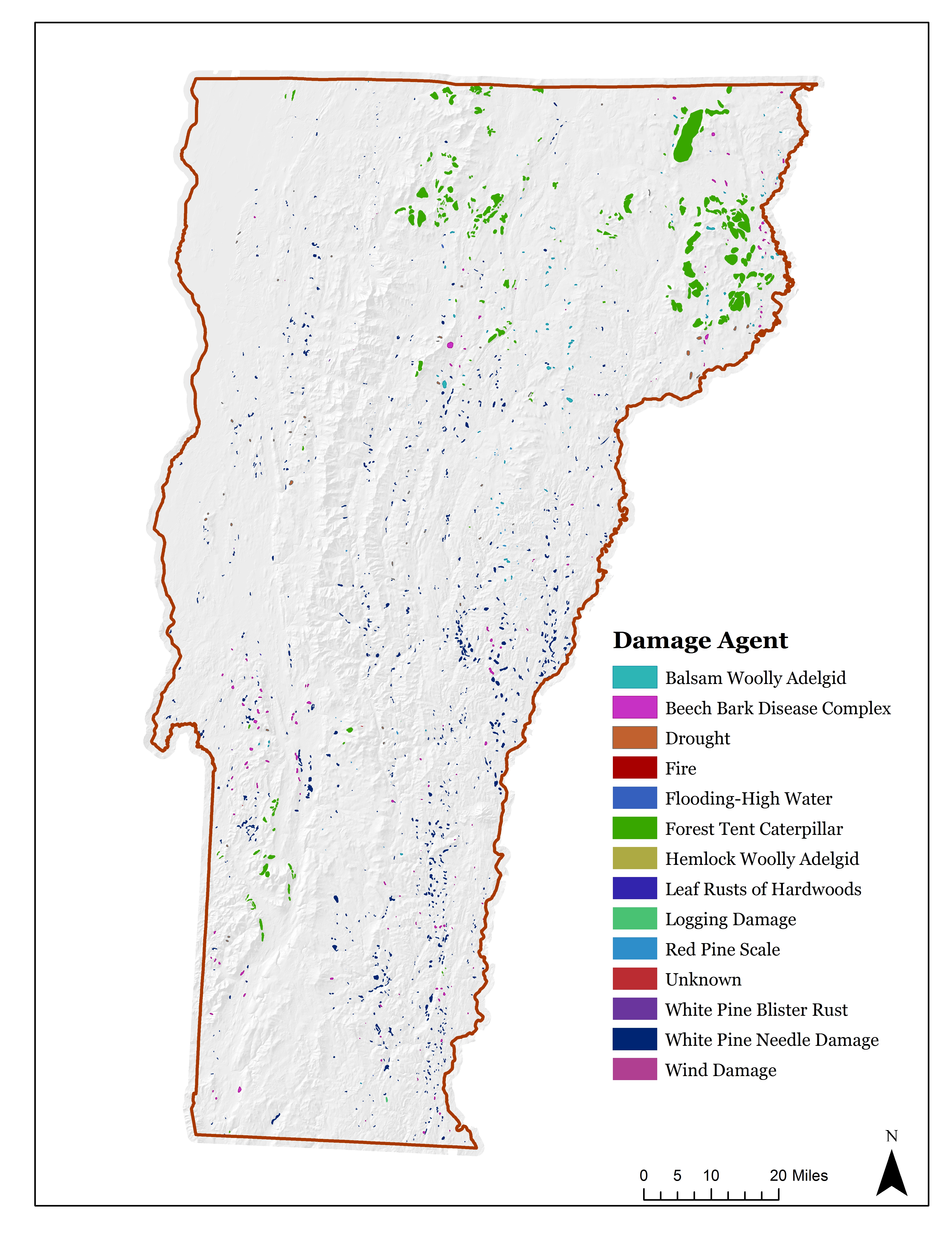 Figure 6. Locations of 2018 mapped forest disturbance from Vermont aerial detection surveys. Disturbance polygons were increased in size for visibility. Only those damage agents with the highest occurrence are shown.