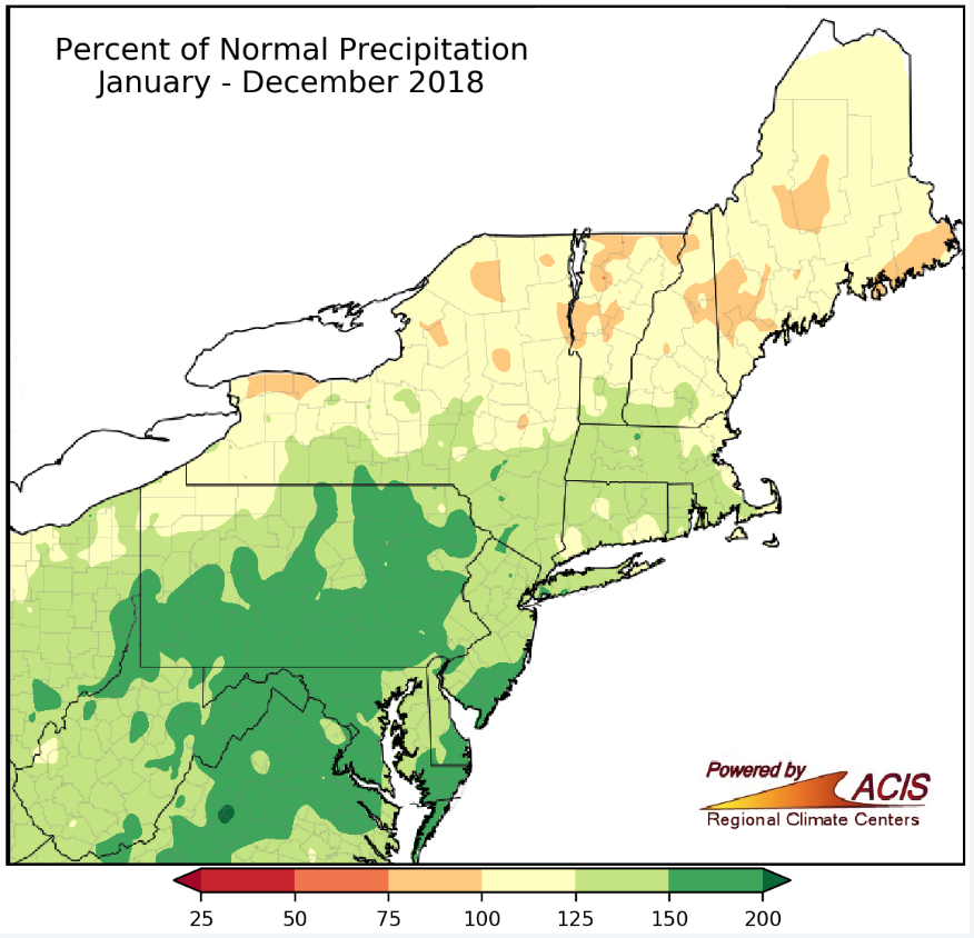 Figure 19. Across the 12 state region, the northeast saw near to above-average precipitation in 2018. Figure credit: NOAA, Northeast Regional Climate Center at Cornell University (http://www.nrcc.cornell.edu/regional/monthly/monthly.html)