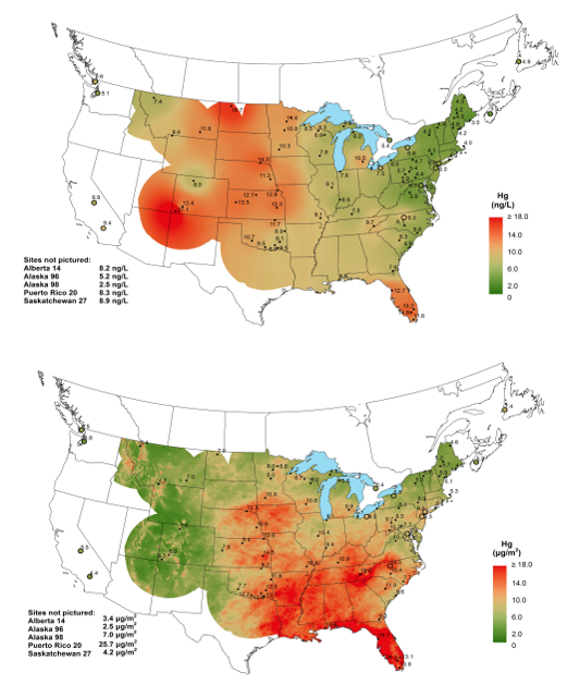 Figure 14. Estimated concentration (top)and deposition (bottom) of mercury in precipitation across the United States in 2018. Mercury concentration varies with the amount of precipitation, and is used to determine pollution sources and other atmospheric possesses. Total mercury deposition is the amount deposited from the atmosphere on the landscape, and is used to assess the consequences on the ecosystem. Source: http://nadp.slh.wisc.edu/lib/data/2018as.pdf