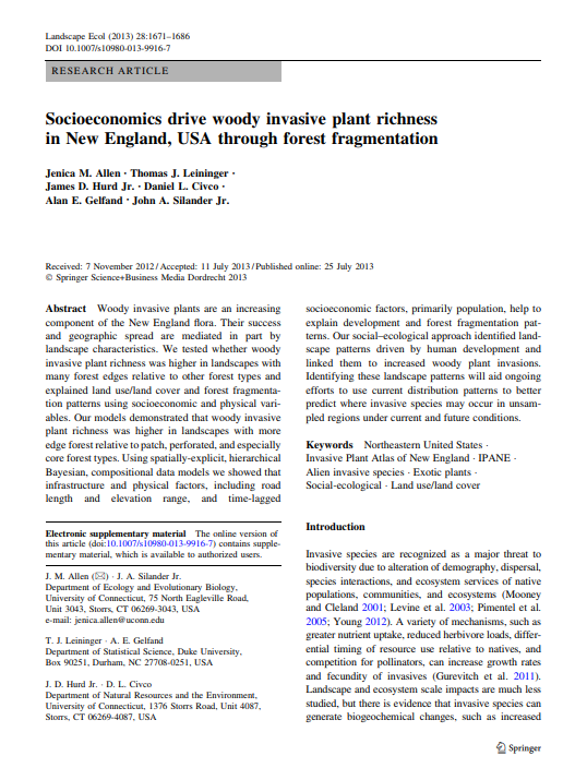 Thumbnail for Socioeconomics drive woody invasive plant richness in New England, USA through forest fragmentation